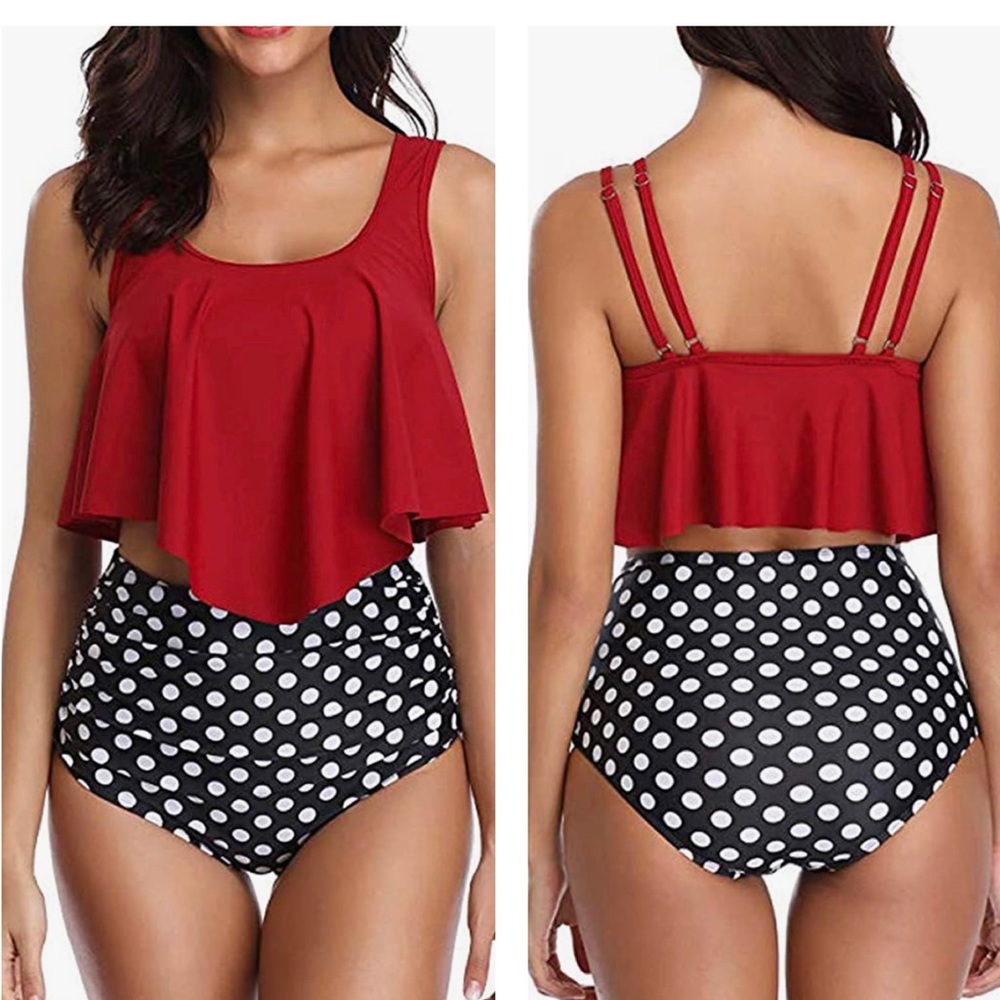Retro Flounce Racerback Tankini w/ High Waisted Ruched Bottoms in Vintage Print